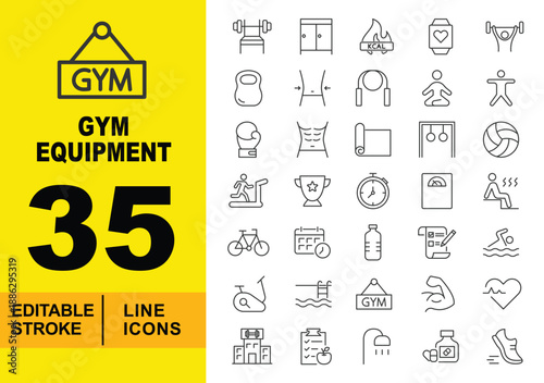 Fitness and Wellness line icon set. Editable stroke icons for Healthy Lifestyle and Gym. Containing Weight Bench, Locker, Calories Burned, Heart Rate Watch, Weightlifting, Kettlebell, Abs, Jump Rope