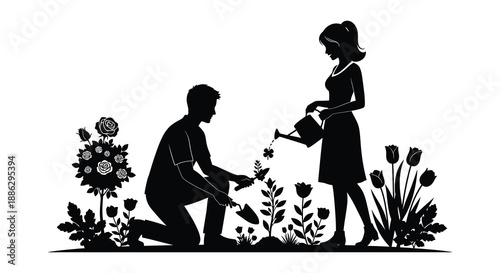 A silhouette depicts a couple gardening together showcasing a woman watering flowers and a man tending to plants