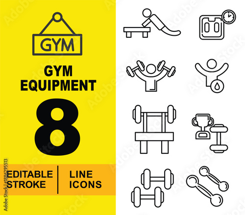 Gym Equipment line icon set. Editable stroke icons for Bodybuilding and Fitness. Containing Decline Push Up, Weight Scale with Timer, Overhead Press, Supplement, and Barbell Bench Press