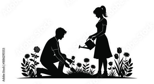A silhouetted couple lovingly tending to a garden filled with blooming roses and various flowers showcasing partnership