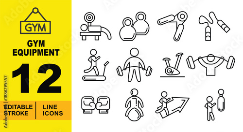 Fitness Activity line icon set. Editable stroke icons for Gym Workout and Training. Containing Bench Press, Kettlebells, Hand Grip, Jump Rope, Treadmill Running, Weightlifting, and Stationary Bike