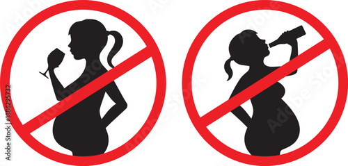 No Alcohol During Pregnancy – Prohibition Signs with Pregnant Silhouettes Holding Wine Glass and Bottle