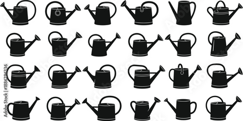 Garden watering can silhouette vector icon set isolated on white background. Black plant irrigation equipment collection for agriculture, farming, and horticulture graphic design elements.