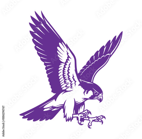 Purple silhouette of a bird of prey in flight with spread wings and sharp talons extended downwards