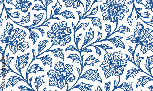 Quadro su tela A classic cobalt blue floral outline pattern on a crisp white background inspired by vintage porcelain and toile de jouy style