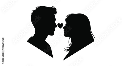 A striking silhouette depicts a couple facing each other a heart shape nestled between their profiles symbolizing affection