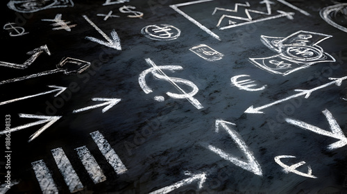 Financial strategy sketch with arrows and currency symbols on blackboard