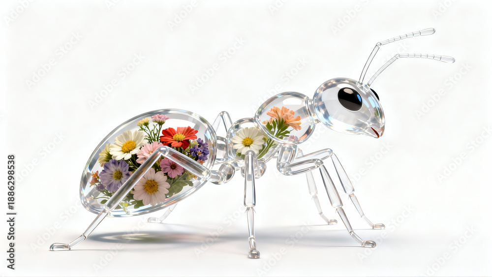 Fototapeta premium Transparent crystal ant carrying a botanical garden inside, conceptual art.
