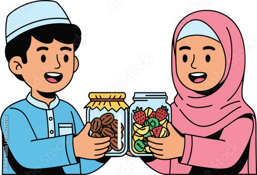Flat vector illustration of Muslim boy and girl exchanging jars of dates and fruit. Concept of Ramadan sharing, charity, and kindness in a cute, clean, pastel cartoon style.