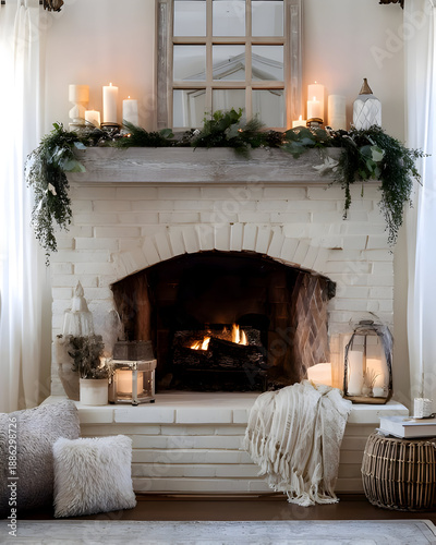 Cozy living room fireplace with candles and festive decoration