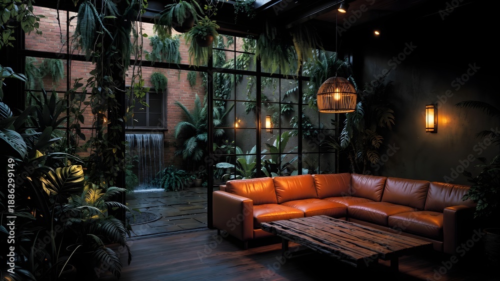Naklejka premium A cozy tropical living room with glass walls, ambient lighting, lush plants, and modern furniture.