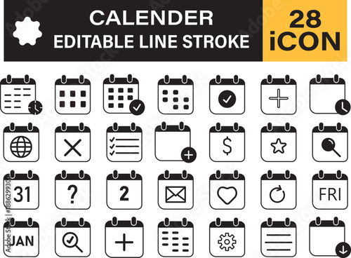 Calendar and scheduling line icon set. Outline Editable Stroke Icons collection symbols. Time management and planning icons.Minimalist date and reminder signs. Vector interface design elements.
