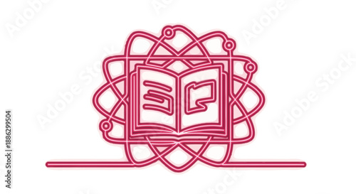 Neon pink outline icon of an open book surrounded by an atomic structure, symbolizing scientific knowledge, education, and technological learning.