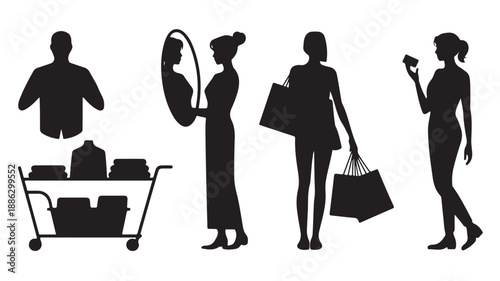 Silhouettes of shoppers with shopping bags in various poses in black on white background for retail advertising