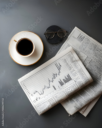 Coffee cup with eyeglasses and newspaper on modern table