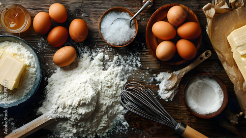 Baking ingredients with eggs flour and whisk on rustic kitchen table