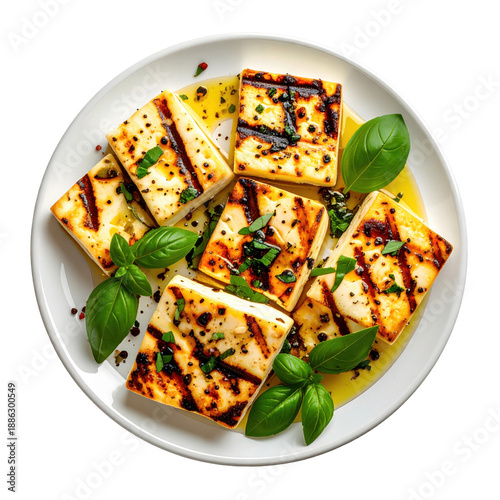 Sizzling grilled halloumi cheese served on a wooden platter with herbs, cleanly cut out and isolated on a plain white background
