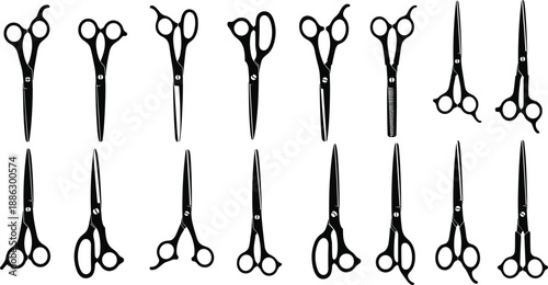 Large collection of black scissor silhouettes for hairdressers and barbers isolated on white background, vector illustration set for salon and grooming design projects.