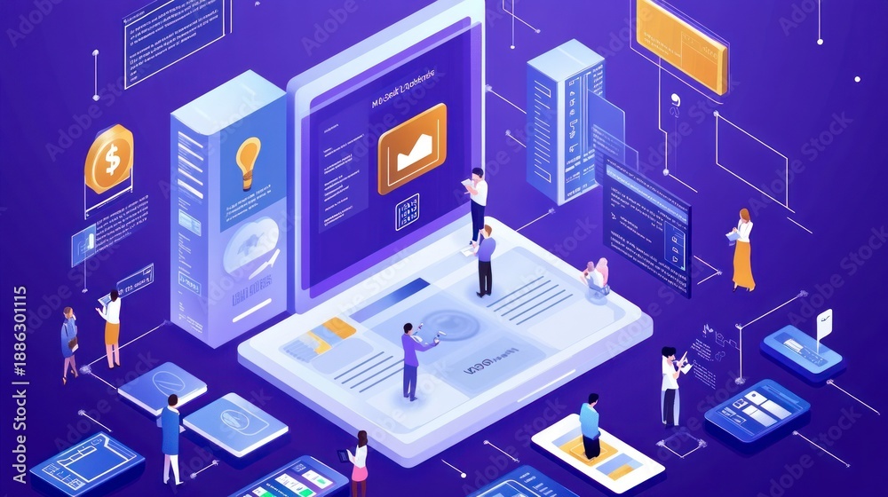 Obraz premium Isometric Digital Workspace with Multiple Devices and People.