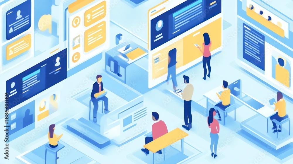 Obraz premium Isometric Office Scene with People Working on Computers.