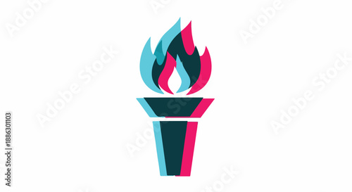 Vibrant glitch effect torch icon with overlapping blue and pink flames on a white background, symbolizing freedom, knowledge, and inspiration.