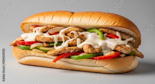 Delicious chicken philly sandwich with grilled chicken, peppers, and cheese on a crusty sub roll