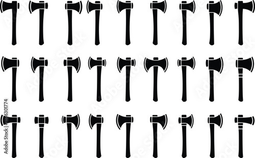 Lumberjack axe silhouette vector icon set isolated on white background. Black hatchet tool collection for carpentry, forestry, camping, construction and woodworking graphic design elements.