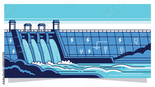 Hydroelectric Dam Generating Renewable Energy Through Flowing Water with Lightning Bolt Symbols Representing Power