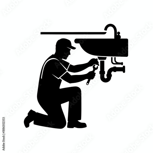 Construction Worker Drilling Wall Black Silhouette Vector Illustration