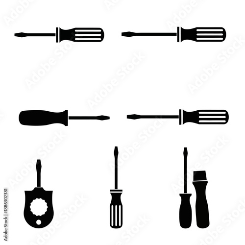 Screwdriver Tool Set Black Silhouette Vector Illustration