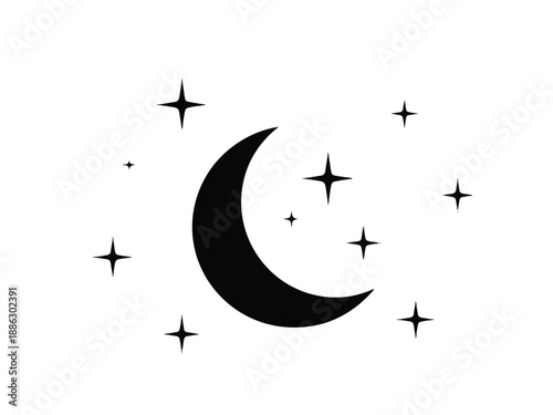 Shining crescent moon and sparkling stars creating a magical night sky outline