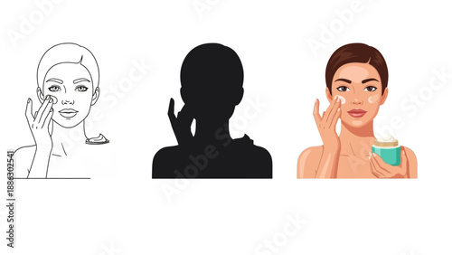 Set of illustrations depicting a woman applying moisturizing cream to her face featuring outline color and silhouette versions for various design needs