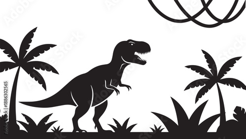 Dinosaur Silhouette in Tropical Landscape