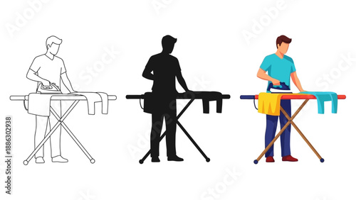 Collection of flat design illustrations showing a man ironing clothes on a board presented in outline silhouette and full color styles for diverse projects
