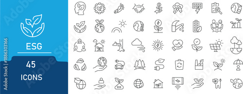 ESG related line icons. contains to related environment,plant,energy,gobal and more.Outline Icon Collection. Vector illustration. Editable stroke.