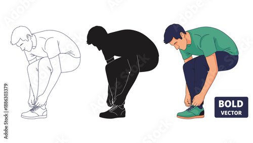 Man tying his shoelace in three different graphic styles showing outline silhouette and full color illustrations perfect for instructional guides