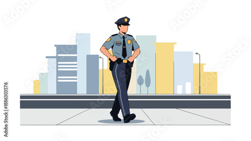 Illustration of a police officer standing confidently in front of a city skyline with modern buildings and a clean white background.