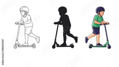 Set of three graphic styles illustrating a young boy riding a kick scooter wearing a protective helmet for safety during outdoor activity
