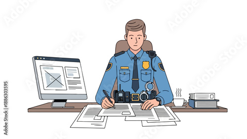 Illustration of a police officer sitting at a desk, writing on papers with a pen, wearing a blue uniform and badge, with a computer monitor and books nearby, against a plain white