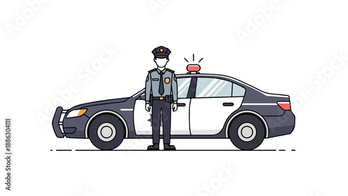 A police officer stands beside a police car with sirens on, wearing a uniform and hat, against a plain white background with a flat, graphic design style and a sense of authority.
