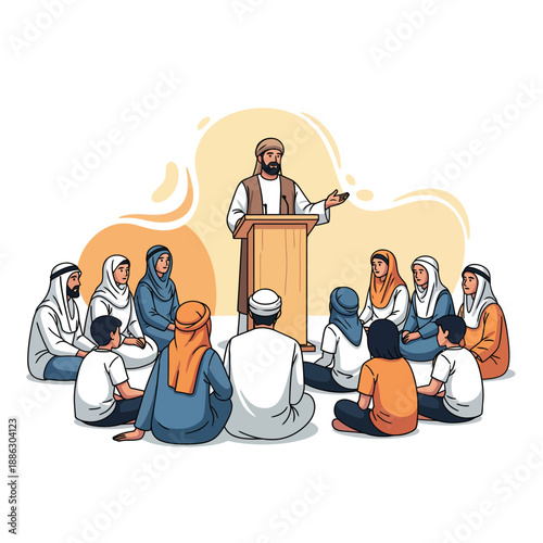 An illustrated Islamic scholar with a beard and turban lectures a diverse group of attentive men women and children.