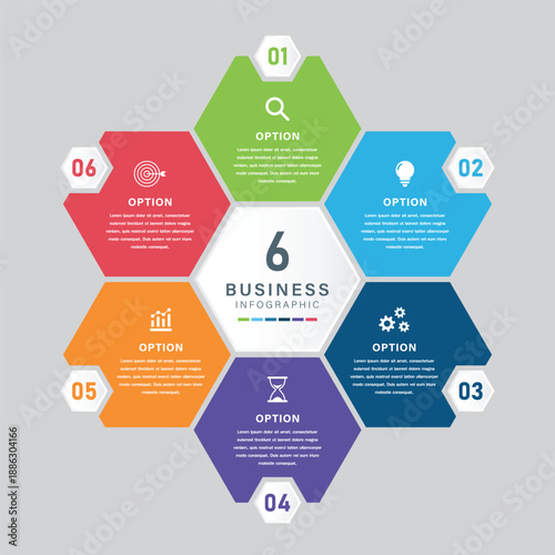 6 Option Circular Hexagon Business Infographic with Icons and Color Segments