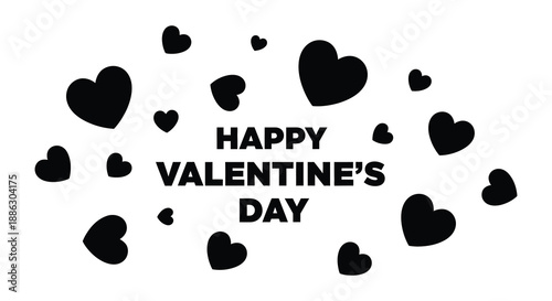 Simple valentine s day graphic featuring scattered black hearts and a bold celebratory message in a playful design