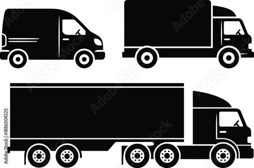 Delivery van, box truck and semi trailer silhouettes set, cargo transport vehicles icons isolated on white background