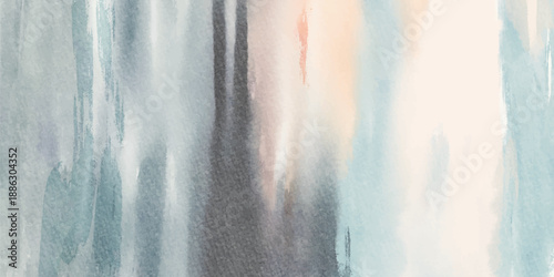 Dreamy abstract watercolor landscape with soft layered washes in blue, beige, and peach tones, evoking calm atmosphere, depth, and gentle movement. vector