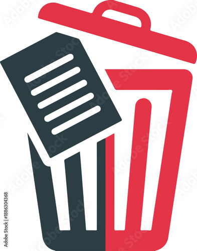 Red and gray trash can with document being thrown away waste bin