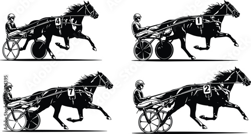 Harness racing horses illustration set, trotting race horses with drivers sulkies, dynamic equestrian sport silhouettes isolated on white background