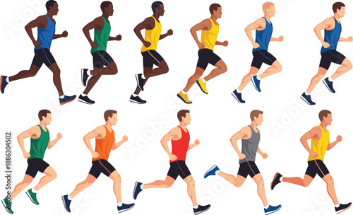 Running athletes illustration set, diverse male runners sprinting jogging poses, colorful sports fitness training motion sequence isolated on white background
