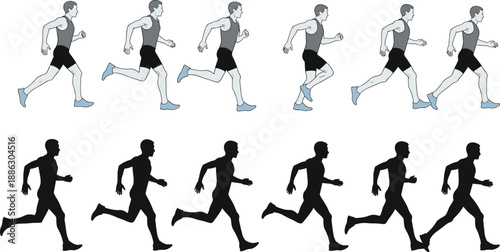Running man motion sequence illustration, male athlete jogging sprint animation frames with silhouette comparison, fitness sport movement analysis isolated on white background