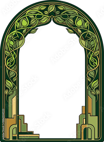 Elegant green arched frame with intricate Art Nouveau leaf patterns and a geometric Art Deco base.